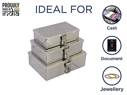 Image of Stainless Steel Storage Boxes,Cash Peti, Pooja Peti,Organizer, Vanity Box, Safe Locker Box Set of 3 pieces - 7 inch, 8 inch and 9 inch Storage Box (Steel)