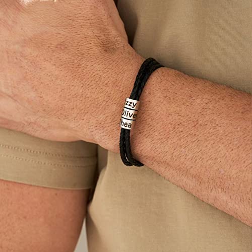 Yofair Custom Mens Bracelet With Kids Name Personalized Braided Leather Bracelet Engraved Bracelets Fathers Dad Gifts For Men #TOP2