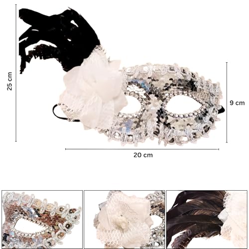 Image of Wanna Party Women's Silver Sequin Eye Mask with White Flower for Masquerade Party,Fancy Dress Costume, New Year Party