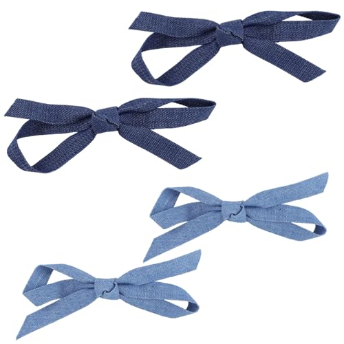 4 Denim Bow Snap Hair Clip Set for Women, Vintage Blue Jean Barrette Hair Pins, 2 Pairs Preppy Casual Snap Clips, Retro Korean Hairpins for Daily School Office