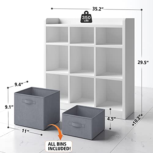 Enhomee Cube Storage Organizer With Fabric Storage Cube Bins 9 Wooden Storage Cubes Organizer Shelves White Cubby Storage Bins For Storage With Gray Bins For Clothes Books Toys #TOP1
