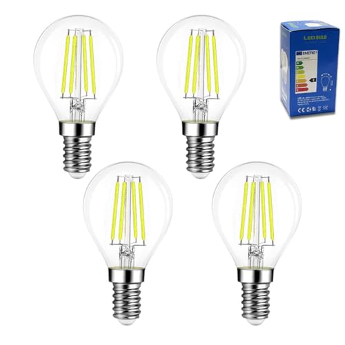 Image of G45 E14 Golf Ball LED Light Bulbs, 4W Energy Saving G45 Mini Globe LED Filament Light Bulb Clear Glass 6500k Cool White E14 SES Small Edison Screw Bulbs, 40W Equivalent, Non Dimmable, Pack of 4