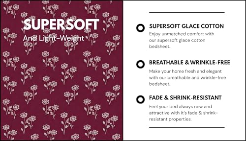 Image of Elastic Fitted King Size Bedsheet Cotton for Double Bed | 72 inchx78 inch +10 Inch, Floral, Soft & Breathable, Fade & Shrink Resistant, 2 Pillow Covers | Ruby Blossom Trail, Wine Maroon