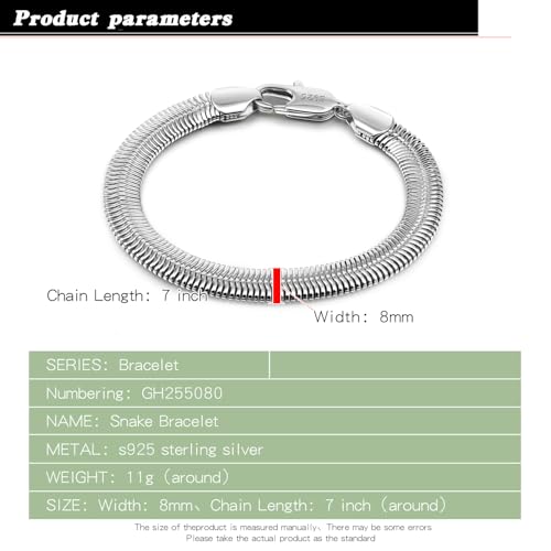 Dankadi Men & Women 925 Sterling Silver Bracelet 24K Gold plated 6MM-8MM Flexible Flat Snake Chain 6-9 Inch Cuff Jewelry Gifts (8MM Silver, 9.5 inch) by Dankadi - Used condition - Image 3