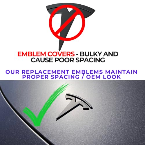 Image of Tesla Model Y Emblem Bundle Front Rear T Logo Badge Glossy Black OEM Performance Set Metal Decal Sticker with 3m Adhesive (Glossy Black + Performance)