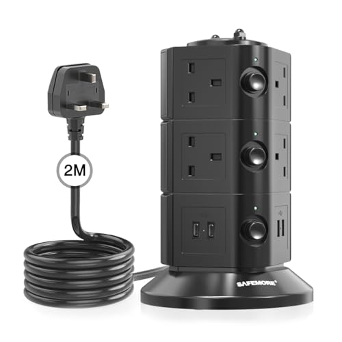Tower Extension Lead with 4 USB Slots (2 USB C & 2 USB A), SAFEMORE Power Extension Tower with 10 Outlets, Power Strip Surge Protected Multi Plug with 2M Extension Cord, 3250W/13A for Home/Office