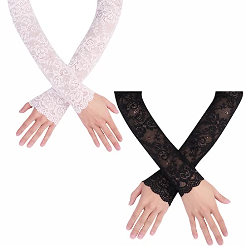 2 Paar Armstulpen Damen Kühlung Armlinge Spitze Arm Ärmel UV Sonnenschutz Spitzenhandschuhe Lang Hochzeitshandschuhe Eisseide Brauthandschuhe Elastisch Netzhandschuhe Hochzeit Golf Radfahren 30cm