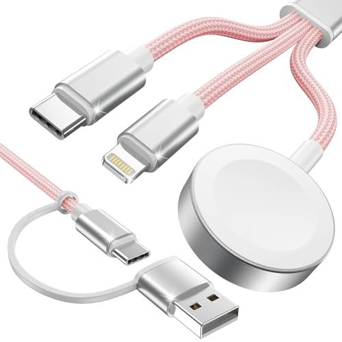 Amasuki Pink-Upgraded 3 in 2 USB C Cable for Watch Charger Phone Charger USB C Multi Fast Charging Cable Compatible with Watch Ultra/SE/10/9/8/7/6/5/4/3/2/1 &amp; Phone 16/15/14/Galaxy S23-4FT