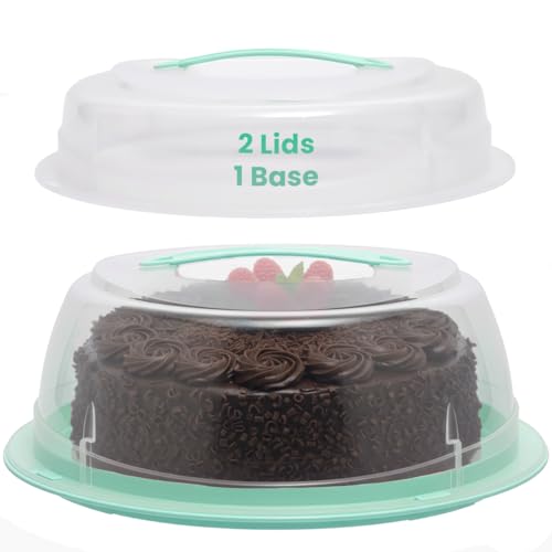 EPISENT Large Cake Carrier with 2 Lids, 11 Inch Round Cake & Cupcake Storage Box, Lockable Plastic Container with Handle for Transporting Home Baking