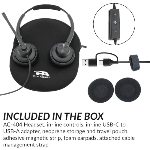 Image of Cyber Acoustics Professional USB Headset with Noise Cancelling Microphone (AC-404) Wired Headphones with Mic, Computer Headset for Home Office, Teams & Skype, USB-C /USB-A, Carry Pouch
