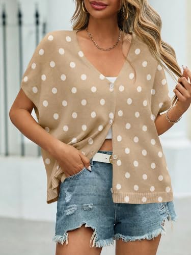 Image of Saodimallsu Womens Summer Oversized Cardigans Batwing Short Sleeve Lightweight Button V Neck Casual Knit Sweater Tops
