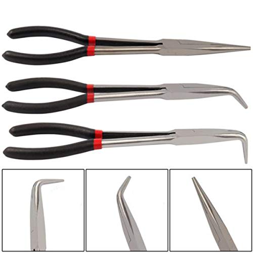 Lot de 3 pinces à bec extra long de 27,9 cm, pince à bec droit, pince à bec courbé à 45 degrés et 90 degrés