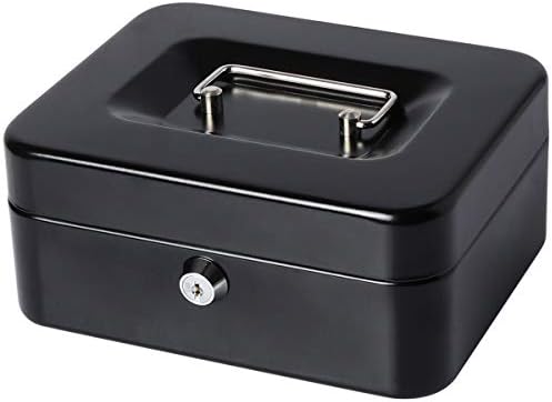 Small Cash Box with Money Tray and Lock, Lovndi Metal Money Box for Cash, Lockbox 7.87x 6.30x 3.54 Inches, Black