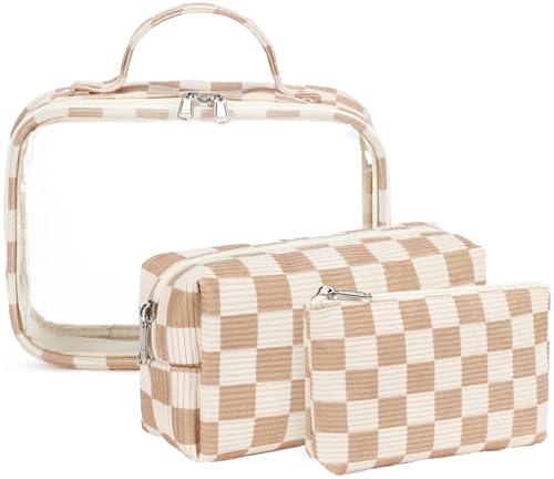 Bluboon 3Pcs Makeup Toiletry Bag for Women, Clear Packing Cubes Cosmetic Bag for Travel Women With Zipper Travel Essentials (Corduroy Checkered)