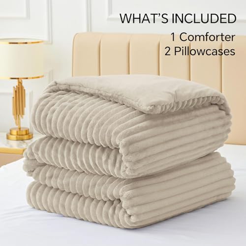 Image of BEDELITE Fleece Full Comforter Set -Super Soft & Warm Fluffy Linen Bedding, Luxury Fuzzy Heavy Bed Set for All Season with 2 Pillow Cases