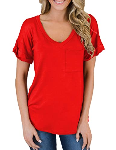 Miholl Women's Short Sleeve V-Neck Shirts Loose Casual Tee T-Shirt (07_ Red, X-Large) #TOP2