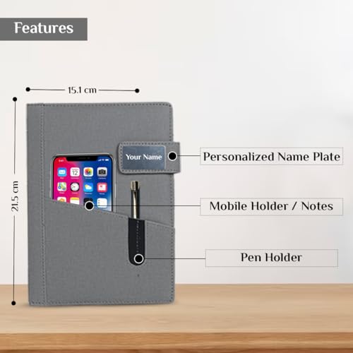 Image of Giftana Personalized Notebook Diary with Pen, Coffee Tumbler 350ml, Keychain Gift Set for Men and Women, 4 in 1 Personalized New Year Corporate Gifting for Employee, Birthday Gifts for Husband (Grey)