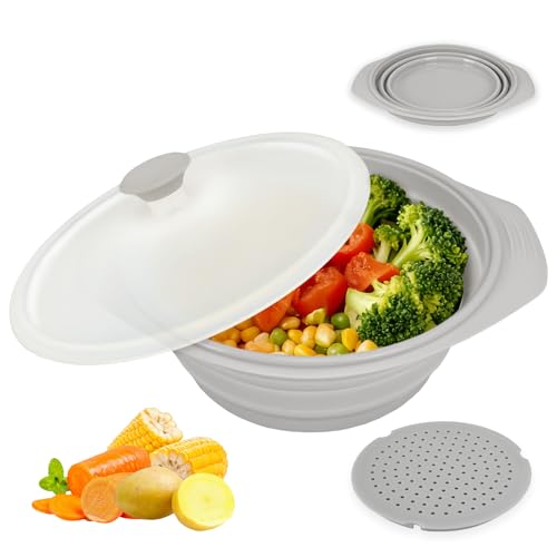 Image of Large Gray Vegetable Steamer Microwave, Collapsible Microwave Veggie Steamer With Lid, Space-Saving Design, Freezer & Dishwasher Safe, 100% Food Grade Silicone For Cooking Veggies, Dumplings, 44oz