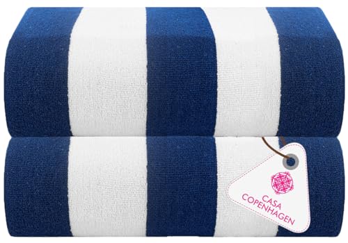 CASA COPENHAGEN Cabana Towels 2Pcs Royal Blue Designer Stripe Beach Bathsheet Towels Set, 35"x70" Oversized 100% Cotton Pool Bath Sheet (Perfect Summer Gift Set for Women & Men)
