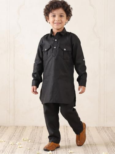 Image of AJ DEZINES Kids Cotton Full Sleeve Solid Black Pathani Suit Set for Boys - Ethnic Wear | Traditional | Festival Wear for boys - Regular Fit