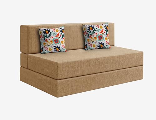 Image of Los Angeles Foldable 2 Seater Sofa Cum Bed, Sofa Bed 4X6 Feet Jute Fabric Washable Cover- Including Cushion Perfect for Living Room