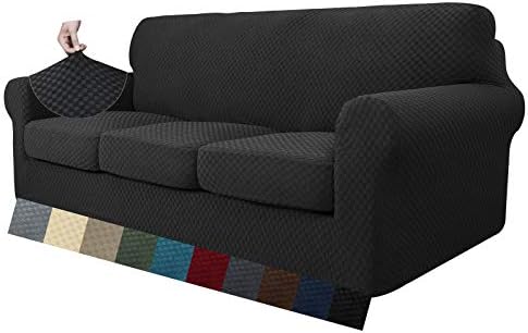 MAXIJIN 2 Piece Newest Jacquard Chair Covers with Arms Super Stretch Non Slip Chair Slipcover for Living Room Dogs Pet Friendly Elastic Sofa Couch Protector Armchair Cover (1 Seater, Army Green)