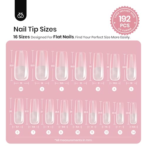 Beetles Tipex Instant Apex Nail Tips, Long Square, 16 Sizes |00–14, 192pcs, Built-In Apex, No Builder Gel Required, Thicker Strong Acrylic Tips for DIY Nail Extensions