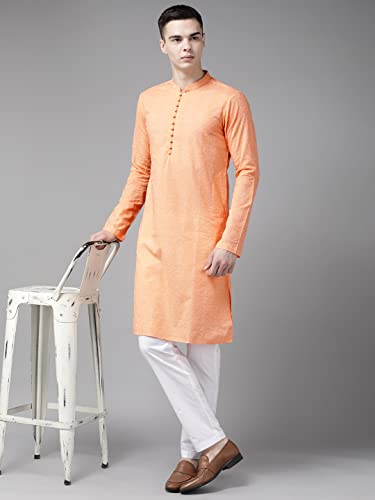 Image of See Designs Men Peach Pure Cotton Chikankari Embroidered Straight Kurta