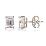 [RIZILIA CLASSIC] Stud Pierced Earrings with Emerald Cut Gemstones CZ [White Topaz] in 18K White Gold Plated, Simple Modern Elegant