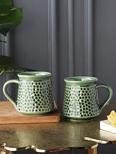 Image of miah decor Handmade Ceramic Mug Set of 2 | 330ml Coffee Mugs | Textured Tea Cups Set | Glossy Green Coffee Cups & Mugs | Handmade Ceramic Coffee Mug Set for Tea & Coffee