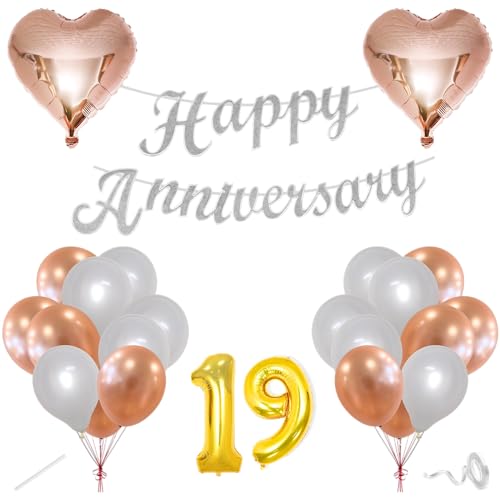 Image of Flyloons 19th Happy Anniversary Decoration Items Rose Gold White for Men Women Husband Wife Mom Dad Parent Couple Home Bedroom Car With 20 Pcs Metallic Balloons Anniversary Banner 2 Pcs Heart Set Kit