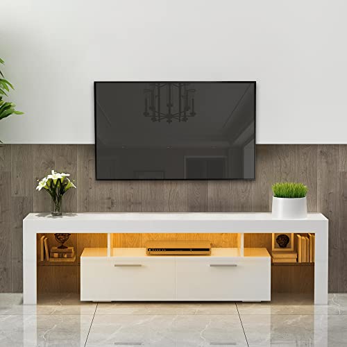 Holaki Led Tv Stand,Modern High Gloss Tv Console With 20 Color Leds/Remote Control,Media Console Entertainment Center For Up To 70 Inch Tv,Tv Cabinet With 2 Storage Drawers & Open Shelves(Brown+White) #TOP15