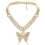 HahaGirl Big Butterfly Pendant Necklace For Women Rhinestone Cuban Link Hip Hop Crystal Choker Necklace Gold Chain with Bling,Fashion Accessory for Hip Hop Lovers