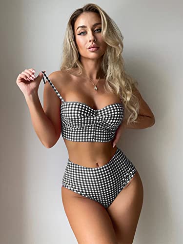 SOLY HUX Women's Bikini Sets Plaid Twist Front High Waisted Bathing Suit Two Piece Swimsuit3