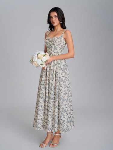 Image of KUTUMAI Women Summer Corset Midi Floral Wedding Guest Dresses with Pockets | Lace Neck, Smocked Back, Flowy A Line Sundress for 2026 Engagement Photoshoot Bridal Shower Garden Party
