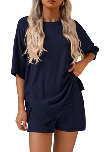 KIRUNDO 2 Piece Sets for Women Summer Lounge Sets Casual Oversized Tshirts Shorts Matching Airport Travel Outfits Postpartum(Navy Blue, X-Large)