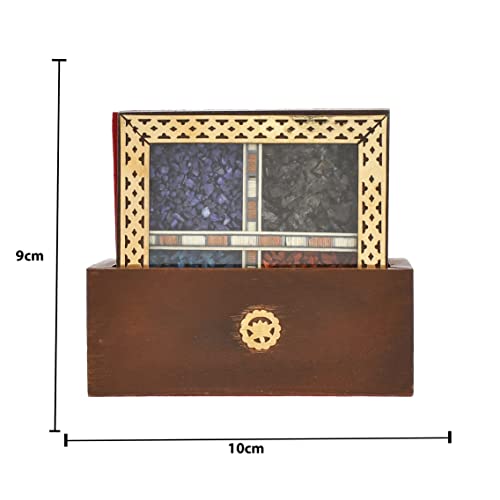 CRAFTAM Gems Stone and Wooden Brass Patti Standing Tea Coasters for hot pots Home Kitchen Dining Table, Office (4 Tea Coasters, 1 Holder Set)
