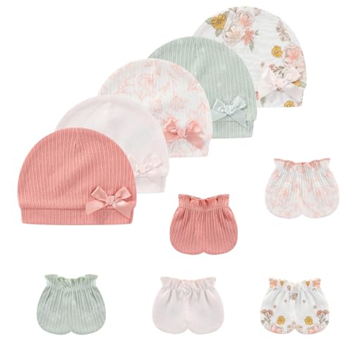 MAMIMAKA Newborn Baby Hats Mittens Set Cotton Beanie Caps and No Scratch Mitten Gloves for Baby Boy Girl 0-6 Months