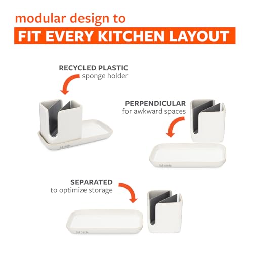 Image of Full Circle Stash, Ceramic Kitchen Sink Caddy, Stylish Sponge Holder & Dish Brush Organizer, Easy to Clean, Dishwasher Safe, Rustproof, White and Gray