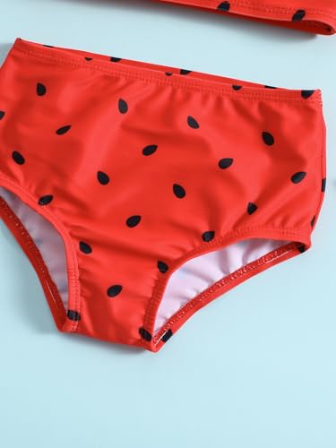 Image of Girl's Watermelon Print Two Piece Bikini Set One Shoulder High Waist Bathing Set Red 110