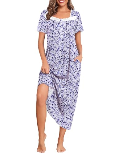 Image of Ekouaer Long Nightgowns for Women Short Sleeve House Dress with Pockets