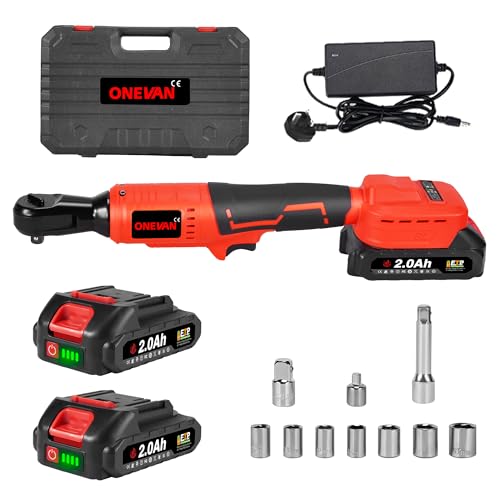 ONEVAN Cordless Wrench Electric Power Ratchet - 80 Nm Max Torque, 3/8" Drive Wrench with LED Light, Includes 8 Sockets, for Vehicle and Industrial Use (incl. 2 Batteries)