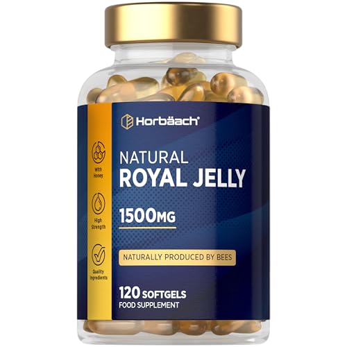 Royal Jelly Capsules 1500mg | 60 000mg per Bottle | Naturally Sourced & Produced By Bees | 120 High Strength Softgels | by Horbaach