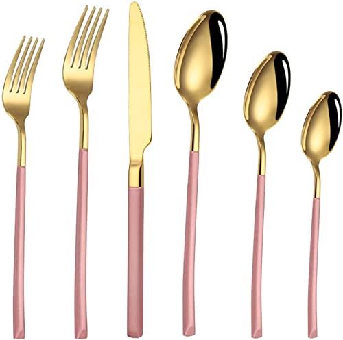 Ensemble de Couverts en Acier Inoxydable, Couverts en Acier Inoxydable, Couteaux, fourchettes, cuillères, Couverts Mixtes, Couverts de fête, Couverts de Cuisine Occidentale (Or Rose, 24 pièces)