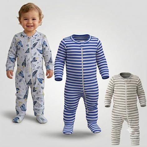Kit 3x Macacões Bebê - Vira Pé com Ziper - 100% algodão - Suedine...