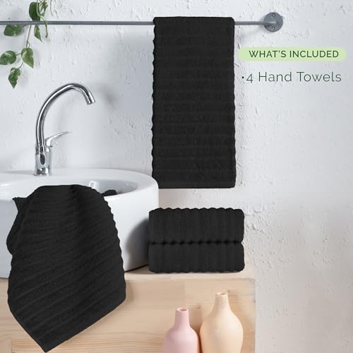 Image of Elegant Comfort Luxury 100% Turkish Cotton Corduroy Ribbed 4 Pack Hand Towel Set 16 x 28 Inch - Absorbent, Super Soft, Quick Dry, Premium Towels for Bathroom, Gym, Spa and Hotel Use, Black