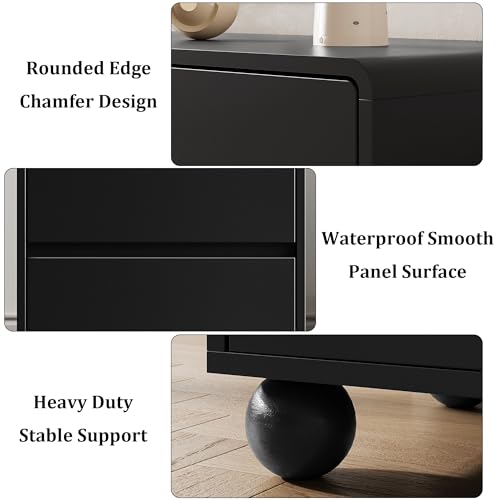 Image of MAISONARIA Curved Nightstand Set of 2, Modern Nightstand with 2 Large Storage Drawers, Wooden Endside Table for Bedroom, Black