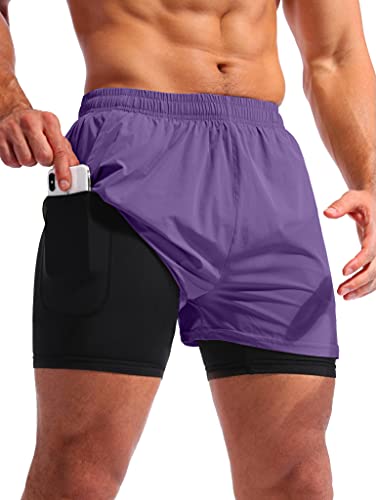 Image of Pudolla Men's 2 in 1 Running Shorts 5 inch Quick Dry Gym Athletic Workout Shorts for Men with Phone Pockets