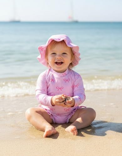 Image of Renotemy Baby Girls Swimsuit Drawstring Zip Bathing Suit Long Sleeve One-Piece Rash Guard Swimwear with Hat for Infant Girl