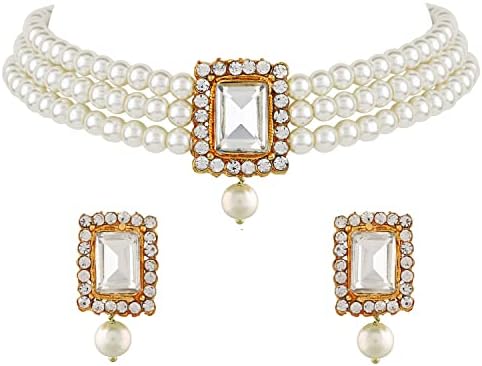 Shining Diva Fashion 18k Gold Plated Latest Stylish Traditional Pearl Choker Necklace Jewellery Set for Women
